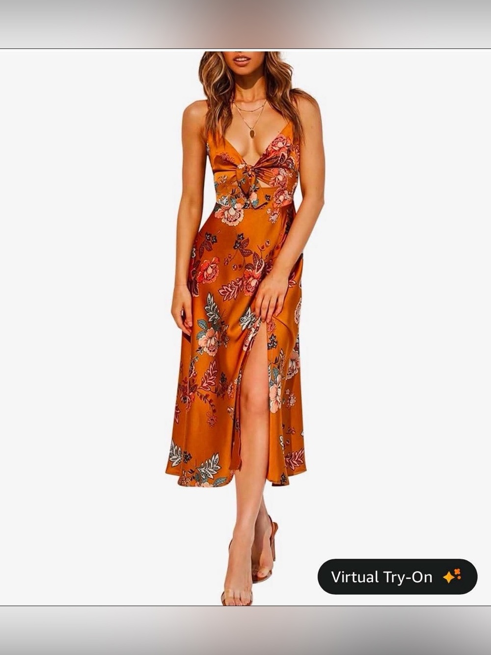 Amazon Floral Orange Slip Dress with Twist Front